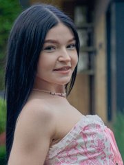 Dark haired hottie Virgin Butterfly strips down to her socks and spreads wide